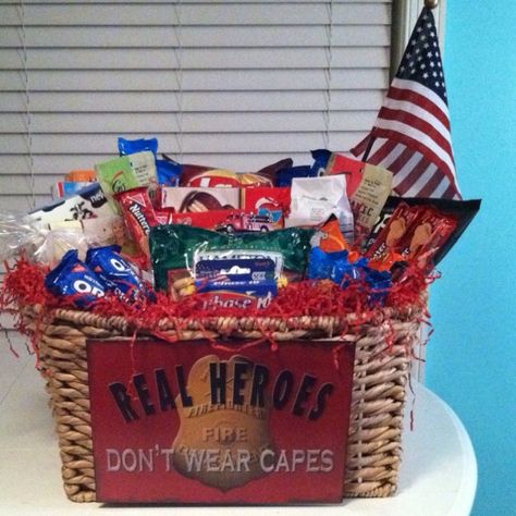 Fire Department Gift Basket, Fire Fighter Gift Basket, Fireman Appreciation Ideas, Firefighter Basket Ideas, Firefighter Gift Basket, Appreciation Baskets, Appreciation Basket, Police Appreciation Gifts, Firefighter Appreciation Gifts