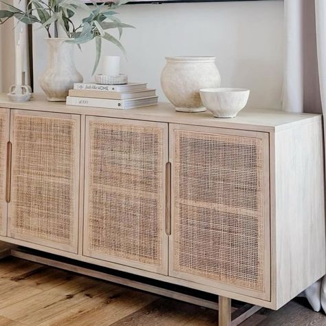 Our most-loved sideboard, The Clarita 🤍 This texture-driven sideboard features white mango door fronts with natural cane paneling for a natural look #StyleMeGHD ⠀⠀⠀⠀⠀⠀⠀⠀⠀ Modern Coastal Sideboard, Cheap Beach House, Cane Paneling, Beach House Storage, Natural Wood Sideboard, Cane Sideboard, Florida Kitchen, Coastal Luxury, Coastal Entryway