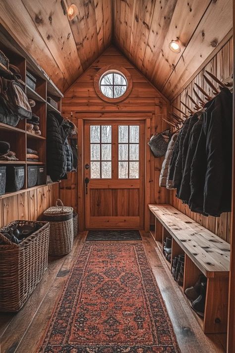 29 Small Cabin Decor Ideas for Creating a Relaxing Hideaway 8 Self Built Cabin, Deer Camp Cabin, Rustic Cabin Interior Design, Cabin Life Aesthetic, Hunting Camp Ideas Cabin, 1920s Cabin, Cabin Foyer, Cabin Mudroom, Cabin House Interior