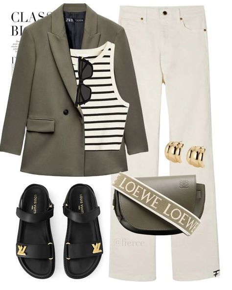 Fierce on Instagram: "Sunday Recap - 4 outfits with a khaki blazer. Save this inspo for later 🫶  ✨ Comment “LINKS” (if you FOLLOW me you’ll automatically receive the details in a DM)  ✨ Shop via the link in my Bio or May Links in Highlights  Blazer - Zara Look 1 - Sandals Louis Vuitton Look 2&4 - Sandals Dior Look 3 - Bag Celine Alternatives are linked in Bio  #fierce #outfitoftheday #outfitinspiration #outfitinspo #outfitideas #stylingtips #wardrobestaples #effortlesschic #dailyoutfit #todaysoutfit #ootdfashion #springoutfit  #summeroutfit #stripes  #blazer #khakiblazer #satinskirt #blacktrousers #dadsandals #celine #loewe  #jeans" Celine Lookbook, Khaki Blazer Outfit Women, Zara Blazer Outfit, Khaki Blazer Outfit, Blazer Summer Outfits, Loewe Jeans, Jeans Blazer Outfit, Friday Outfit For Work, Virgo Rising