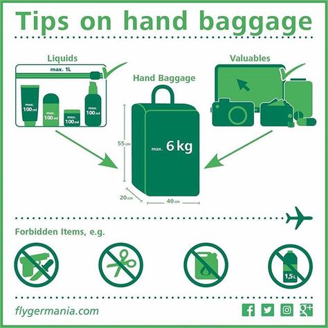 Space is limited for hand baggage on board of #Germania flights. Therefore we have #regulations concerning maximum #weight and #dimensions. But what about #liquids or #valuables? Which items are #forbidden to bring along? Here are our #tips for your #handbaggage! All details via: www.flygermania.com/en/planning/baggage/checklist-baggage/ #flygermania #vacationstartsnow #vacation #traveleurope #travel #traveladdict #vacationplease #wanderlust #holidays #infographic Baggage Checklist, Hand Baggage, On Board, Europe Travel, Flight, Bring It On, Holidays, Travel