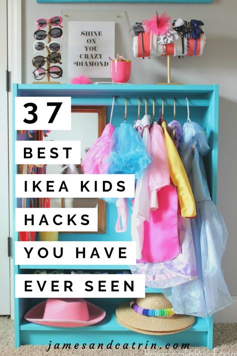 Ikea hacks are fun and creative, but when you're doing them for your kids they take on a whole new awesomeness! There are so may wonderful ideas for Ikea kids hacks that will blow your kid's (and your) minds. Everything from toy storage to play tables and kids chairs to closets. This is an epic list of Ikea kids hacks that you will definitely find some inspiration from. #ikeakids #ikeahacks #toystorage #organization #ideas #kidshacks #ikeachildren #childrenshacks Ikea Smastad Storage, Ikea Kids Closet Organization, Ikea Kids Toy Storage, Kids Dressing Table Ideas, Ikea Kids Desk Ideas, Kids Storage Ideas For Toys, Ikea Hacks Kids Bedroom, Kids Dresser Ideas, Diy Kids Vanity