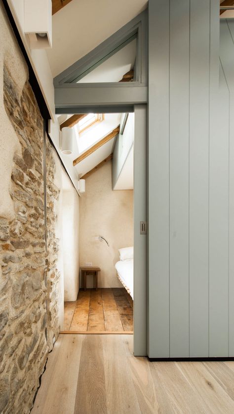 Stone Cottage Renovation Light Green Beams Loft Ceiling Irish Cottage Renovation, Irish Cottage Interiors, Painted Ceiling Beams, Painted Beams, Aesthetic Lighting, Country Cottage Living, Loft Ceiling, Barn Bedrooms, Cornwall Cottages