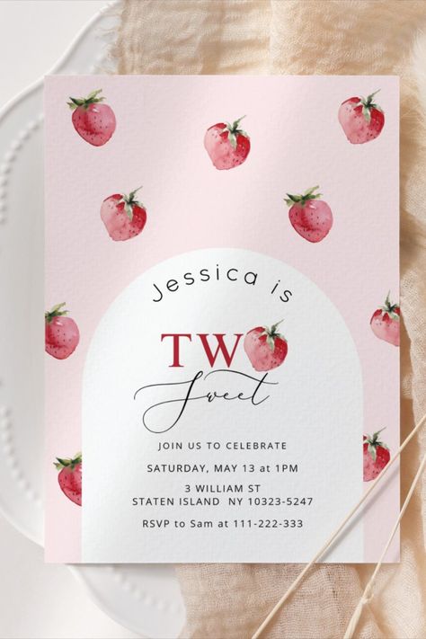 Two sweet strawberry 2nd birthday invitation! #birthday #happybirthday #birthdaycards #birthdayparty #2ndbirthday #strawberry #berry Strawberry 1st Birthday, Strawberry Birthday, 1st Birthday Party Invitations, 2nd Birthday Invitations, Two Sweet, Sweet Birthday, Birthday Invitations Girl, Birthday Invitations Kids, 1st Birthday Party