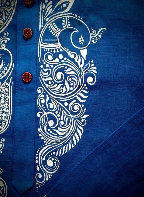 Kalka Design On Punjabi, Kolka Design Panjabi, Panjabi Handpaint Design, Kolka Art Design, Kolka Design Patterns, Panjabi Design For Men Fabric, Panjabi Fabric Painting, Fabric Painting Ideas Creative, Kalka Design