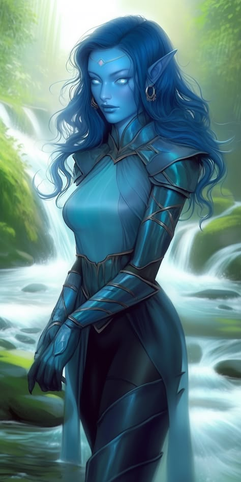 Water Genasi Female Sorcerer, Sea Elf Paladin, Water Elf Art, Air Genasi Female Sorcerer, Water Mage Female, Water Genasi Female Druid, Dnd Triton Female, Astral Elf Female Dnd, Water Nymph Character Design