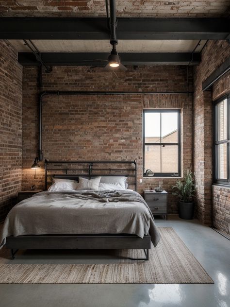 Creating a Timeless Haven: Vintage-Inspired Bedroom Ideas | aulivin.com New York Style Bedroom Ideas, Nuetral Bedroom, Exposed Brick Bedroom, Nyc Room, Edgy Bedroom, Loft Bedroom Ideas, New York Bedroom, Gender Neutral Bedrooms, Nyc Rooms