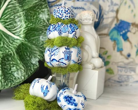 | PIP’S PUMPKINS | Blue And White Pumpkins, Diy Chinoiserie, Blue Fall Decor, Chinoiserie Pumpkins, Single Pic, Chinoiserie Blue, Pretty Pumpkins, Different Artists, Chinoiserie Decorating