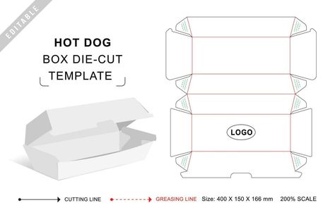 Hot dog box die cut template Hot Dog Packaging, Treat Box Template, Packaging Template Design, Dog Box, Corn Dog, Dog Died, Box Packaging Design, Treat Box, Corn Dogs