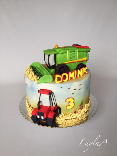 combine harvester and tractor birthday cake by Layla A Combine Cakes For Boys, Number 3 Tractor Cake, Combine Harvester Cake, Combine Harvester Birthday Cake, Birthday Cake With Tractor, Easy Tractor Cake 2nd Birthday, Tractor Ted Cakes, Cake With Tractor On Top, Harvester Cake Combine