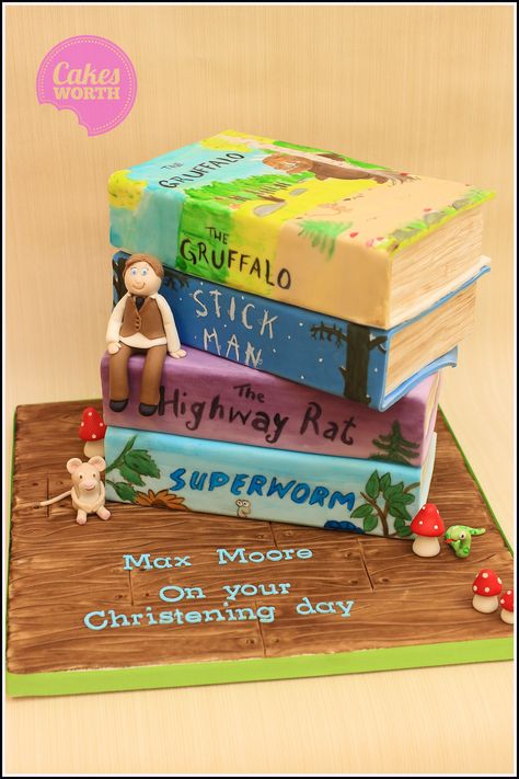 Stack of Julia Donaldson books. All hand painted and 100% edible. x Julia Donaldson Birthday Cake, Julia Donaldson Party Ideas, Julia Donaldson Cake, Julia Donaldson Birthday Party, Julia Donaldson Party, Gruffalo Party, Batman Cake, The Gruffalo, 2 Birthday Cake