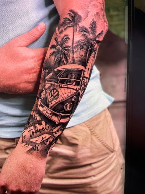 California Beach Tattoo, Gta Tattoo Design, Gta Tattoo, Vw Tattoo, Beach Tattoos, Travel Tattoos, Beach Tattoo, Chest Tattoo Men, California Beach