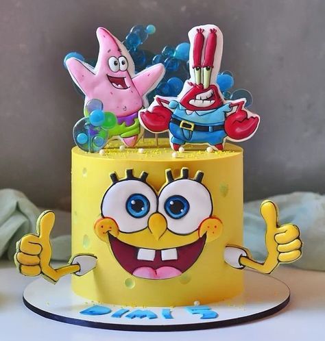 Spongebob Birthday Cake, Minion Birthday Cake, Spongebob Cake, Spongebob Birthday Party, 5th Birthday Cake, Spongebob Party, Dessert Presentation, Spongebob Birthday, 1st Birthday Cakes