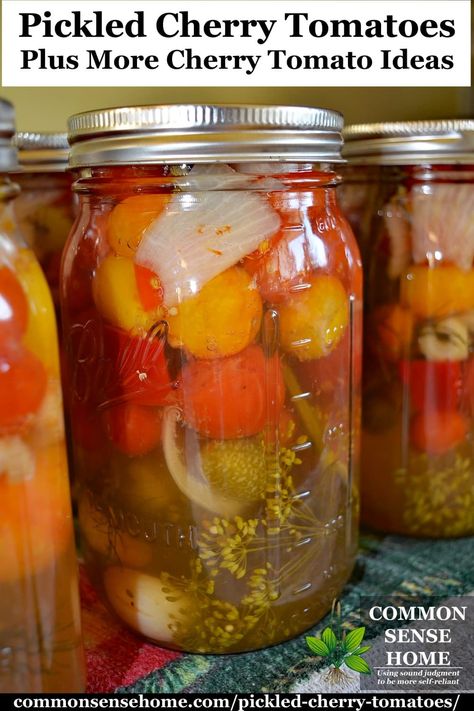 This easy recipe for pickled cherry tomatoes combines tomatoes with other garden veggies for long term storage. We also include a ton of ideas for how to use excess cherry tomatoes. #canning Pickled Cherry Tomatoes Recipe, Tomatoes For Canning, Tomato Ideas, Pickled Cherry Tomatoes, Canning Cherry Tomatoes, Canning Tomatoes Recipes, Pickled Tomatoes, Pickled Cherries, Bake Banana