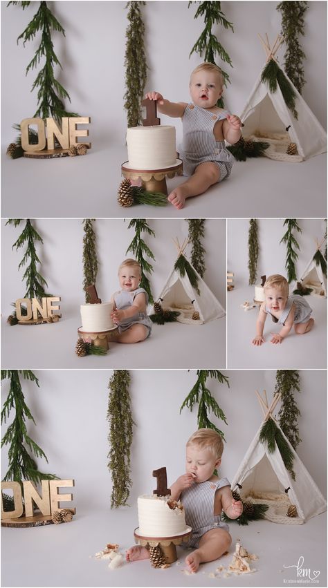 One Happy Camper 1st Birthday Photo Shoot, One Happy Camper Smash Cake Photos, Happy Camper Photo Shoot, Woods Themed First Birthday, One Happy Camper First Birthday Smash Cake, One Happy Camper First Birthday Photos, One Happy Camper First Birthday Cake Smash, Cake Smash Ideas Boy, Wild One Birthday Photo Shoot