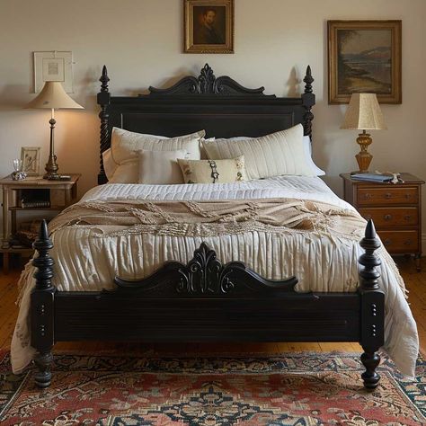 King Size Black Bed Frame, Bedding For A Black Bed Frame, Black Farmhouse Furniture, Black Bedding Aesthetic, Black Bed Frame Decor, Black Furniture Bedroom Aesthetic, Black Bed Frame Bedroom Ideas, Gothic Bed Frame, Bedroom With Black Furniture