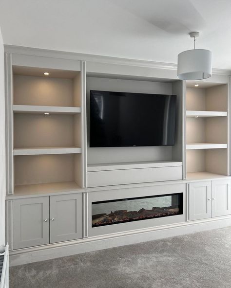 media wall with fireplace • Instagram Lounge Wall Units Built Ins, Living Room Built In With Electric Fireplace, Howdens Media Wall, Media Wall With Fireplace And Tv And Cupboards, Cheap Media Wall, Media Wall With Seating, Media Built In, Dark Media Wall, Media Walls With Fireplace