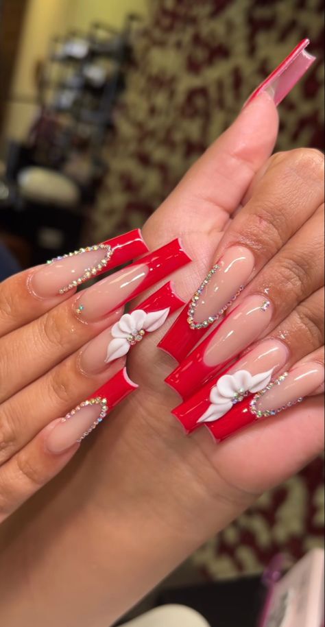 Red French Tip Duck Nails, Red Long Nails Designs, Red And White French Nails, Red French Tip Toe Nails, Red Birthday Nails, White French Nails, Fresh Nail, Nail Pics, Red French