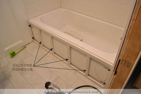 Side Of Tub Ideas, Bathtub Apron Ideas, Tub Apron Ideas, Molding Around Bathtub, Bathtub Side Panels, Wood Around Bathtub, Bathtub Panel Ideas, Wood Tub Skirt, Bathtub Skirt Ideas