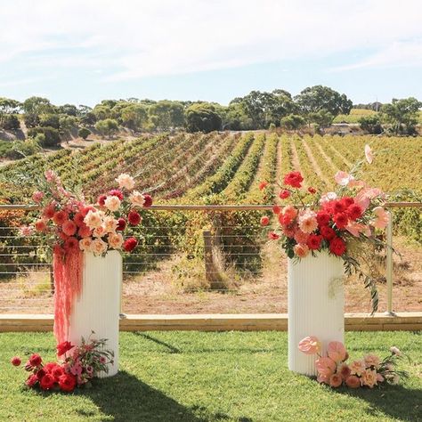 Sweet Nothings // Carolyn on Instagram: "RE👏USE👏ING👏 I love getting a second life out of my wedding flowers! For Nina and Patrick's ceremony, we PREused two reception table arrangements at the base of these lovely @foundcollectiveevents plinths and REused the big plinth arrangements on the ground at the ends of two guest tables. @simonhackettwinery  . #ceremonyflowers #plintharrangements #reusing #reusingflowers #weddingtips #weddingflowertips #colourblocking #modernwedding #autumnwedding #receptionflowers #weddingday #modernweddingflowers #funflowers #adelaideweddingflorist #adelaideweddingflowers #sweetnothings #sweetnothingsflowers" Acrylic Plinth Wedding, Aisle End Flowers, Wedding Flower Plinth, Floral Pedestal Wedding Ceremony, Flower Pillars Wedding Altars, Ceremony Plinth Flowers, Plinth Flower Arrangement, Flowers On Pedestal Wedding, Pillar Floral Arrangements