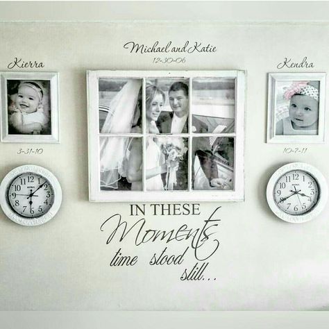 Personalized gallery wall. I set the clocks to each child's birth time. Decals… Time Of Birth Clock Wall, Clock Picture Wall Ideas, Birth Wall Decor, Family Picture Wall Decor Ideas, Dining Room Decor Country, Vom Avea Un Copil, Personalized Gallery Wall, Family Wall Decals, Country Dining Rooms