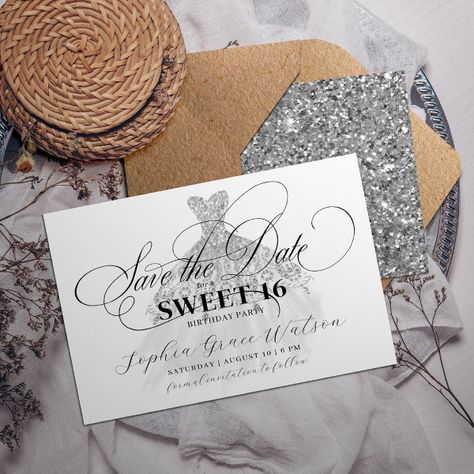 Silver Glitter Elegant Dress Sweet 16 Birthday Save The Date Sweet 16 Save The Date Ideas, Save The Date Sweet 16, Birthday Save The Date, Dress Sweet 16, 16 Gifts, Sweet 16 Gifts, Sweet 16 Birthday Party, 16 Birthday, Sweet 16 Invitations