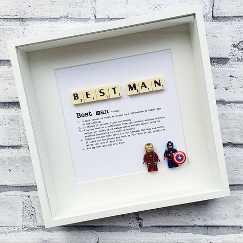 Best Man Definition Minifigure & Scrabble Frame Marvel Ideas, Wedding Party Proposal, Marvel Or Dc, Groomsmen Gift Ideas, Scrabble Frame, Personalised Gift Box, Personalized Caricature, Gift Box For Men, Dc World