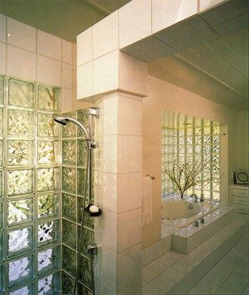 Glass-Block-8 Colored Glass Block, Glass Block Shower, Showers Without Doors, Glass Blocks Wall, 90s Interior, 80s Interior Design, Glass Block Windows, 80s Interior, Retro Interior Design