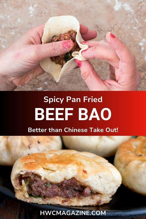 Spicy Pan Fried Beef Bao getting crimped and showing a bite out after cooked. Beef Bao Buns Recipe, Pan Fried Recipes, Pan Fried Buns, Beef Bao, Baozi Recipe, Beef Bun, Bao Buns Recipe, Dim Sum Dumplings, Meat Bun