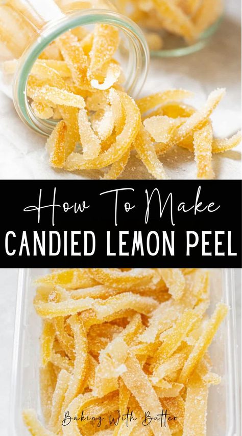 Candied lemon peel is deliciously tangy, sweet and chewy. Use it in fruit bread, hot cross buns, decorating cakes and more! Often when using lemons, you might just the juice and maybe a little bit of the lemon zest. Candied peel is the best way to use the entire lemon. It makes a delicious addition to baked goods and a sweet edible gift. Lemon Candy Recipe, Lemon Peel Recipes, Sugared Lemon Peel, Using Lemons, Moist Lemon Pound Cake, Yummy Things To Bake, Dried Lemon Peel, Candied Lemon Peel, Lemon Recipe