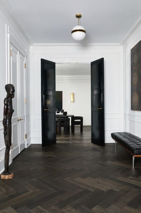 Dark Floor Hallway Ideas, Dark Wood Herringbone Floor, Black Herringbone Floor, Black Flooring, Black Wood Floors, Herringbone Wood Floor, Thai House, Neoclassical Interior, Black Designs