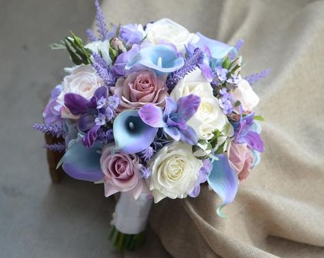 Lilac Turquoise Bouquets, Real touch Calla Lilies, light blue purple orchids, Dusty Mauve Roses, Whi Lilac And Turquoise Wedding, Round Bridal Bouquet, Blue And Purple Orchids, Turquoise Bouquet, Dance Flowers, Mauve Roses, Wedding Flower Packages, Silk Wedding Bouquets, Dusty Mauve