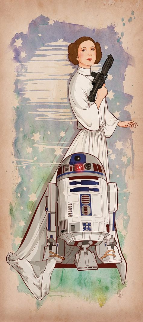 Leia and R2-D2 art by Cryssy Cheung. Star Wars Love, Cuadros Star Wars, Leia Organa, R2 D2, Star Wars Poster, Carrie Fisher, Poses References, Charlie Chaplin, Kylo Ren