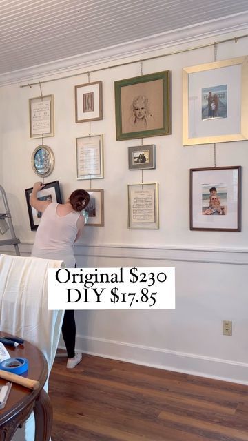 Picture Rail Wall Ideas, Gallery Wall Rail System, Layered Frames On Wall, Picture Rail Ideas Living Room, Diy Picture Rail Gallery Wall, Diy Hanging Gallery Wall, Windows On Wall Decor, Picture Frames Hanging From Rod, Plate Rail Wall