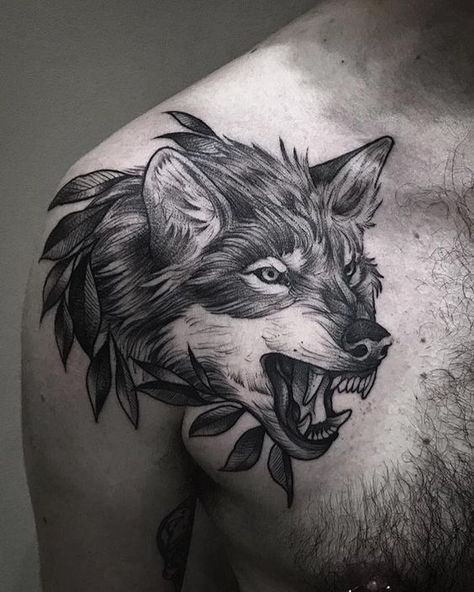 One of the most historically important symbols: wolf tattoos to highlight your personality. Our collection will help you express yourself in almost any style. Wolf Tattoo Design Men Shoulder, Wolf Tattoo Ideas For Men Chest, Wolf Tattoos Men Chest, Wolf Body Tattoo, Wolf Tattoo Design Men Chest, Wolf Shoulder Tattoo Men, Wolf Chest Tattoo Men, Shoulder Wolf Tattoo, Growling Wolf Tattoo