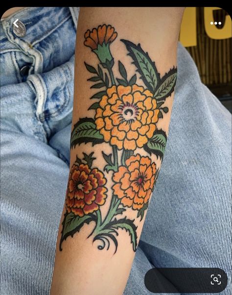 Cottage Core Back Tattoo, Neo Traditional Collar Bone Tattoo, Traditional Aster Flower Tattoo, Thrifting Tattoo, Mexican Marigold Tattoo, Mexican Floral Tattoo, Traditional Marigold Tattoo, Framed Traditional Tattoo, Traditional Sunflower Tattoo