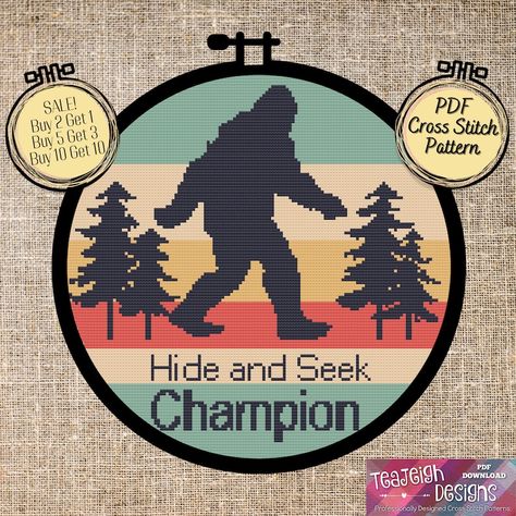 Big Foot Hide and Seek Champion Cross Stitch Pattern - Etsy Canada Bigfoot Cross Stitch, Pattern Printable, Hide And Seek, Printed Sheets, Beaded Jewelry Patterns, Pdf Patterns, Plastic Canvas Patterns, Printable Patterns, Canvas Patterns