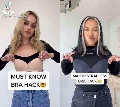 Bra Life Hacks, No Show Bra Hacks, How To Make A Bra Strapless, Strapless Bra Tricks, Bra Hacks Strapless, Strapless Bra Hack, Bra Tutorial, Hack Fashion, Strapless Bra Hacks