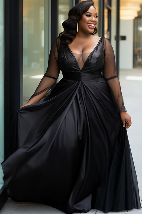 Xpluswear Black Plus Size Wedding Dress, Plus Size Gala Dress, Black V Neck Long Sleeve, Summer Tips, Dresses Occasion, Gala Dress, Black Attire, Formal Dresses With Sleeves, Plus Size Formal