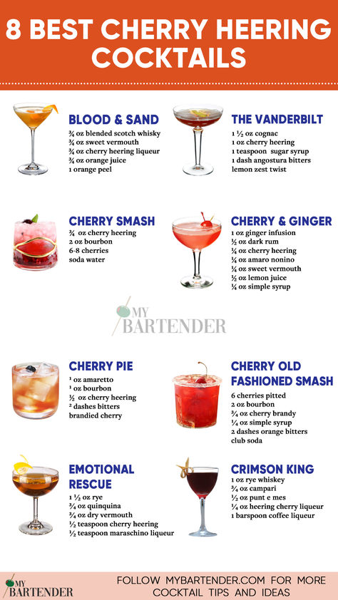 8 Best Cherry Heering Cocktails Luxardo Cherry Cocktail, Cherry Brandy Cocktails, Cherry Liqueur Cocktails, Cherry Cocktails, Elegant Cocktails, Dirty Martini Recipe, Liqueur Cocktails, Breakfast Martini, Cheers Bar