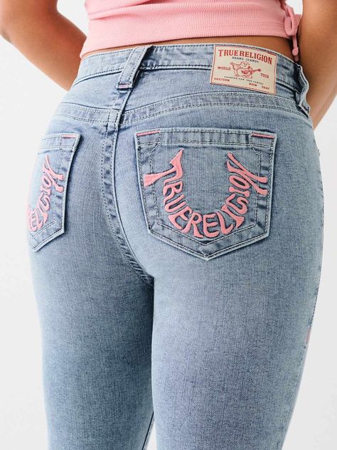 Jeans With Cross On The Back, Low Rise True Religion Jeans, Jeans With Writing On Them, Ksubi Jeans Women, Applique On Denim, True Religion Jeans Pink Stitching, Scorpio Jeans, Pink True Religion Jeans, Must Haves For Women