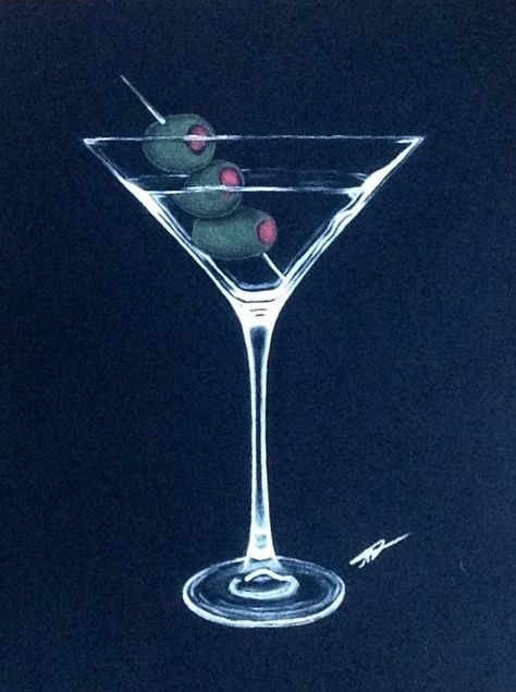 Martini Glass Poster, Martini Glass Aesthetic, Martini Glass Drawing, Martini Glass Painting, Martini Drawing, Martini Wallpaper, Martini Glass Art, White Charcoal On Black Paper, Charcoal On Black Paper