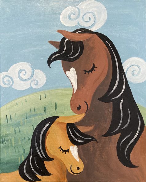 A mare and her foal share a warm hug in their sunny pasture. Horse Painting Ideas Easy, Horse Art For Kids, Cute Horse Paintings Easy, Cute Horse Painting, Painting Horse Easy, Pony Painting, Mothersday Painting, Children Painting Ideas, Painting Horse