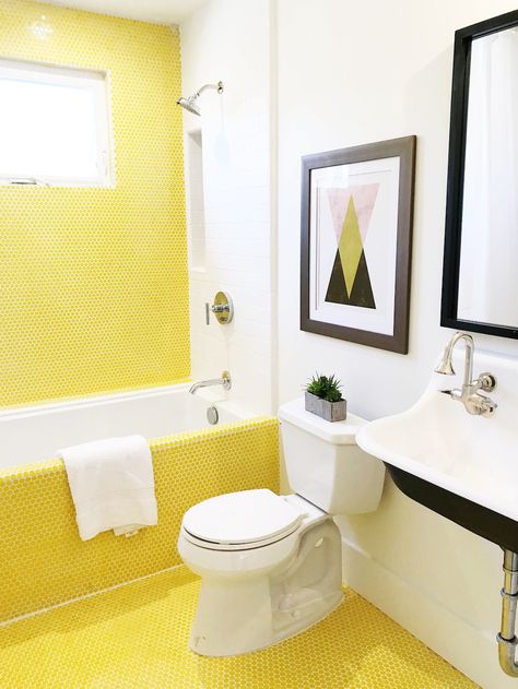 Yellow Penny Tiles in Bathroom Yellow Penny Tile, Old House Charm, Tiles In Bathroom, Historic Bungalow, Penny Tiles Bathroom, Quirky Apartment, Penny Tiles, Bathroom Yellow, Yellow Floor