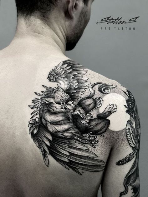 Everyday Tattoo, Griffon Tattoo, Gryphon Tattoo, Griffin Tattoo, Grey Eagle, Upper Back Tattoos, Men Tattoos Arm Sleeve, Back Of Shoulder Tattoo, Arm Band Tattoo