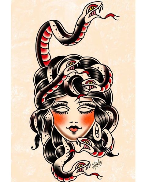 Greek Mythology Tattoos American Traditional, Medusa On Hand Tattoo, Medusa Traditional Tattoo Black, New Americana Tattoo, Traditional Medusa Head Tattoo, Traditional Mythology Tattoo, Spooky Medusa Tattoo, American Traditional Gemini Tattoo, Mermaid American Traditional