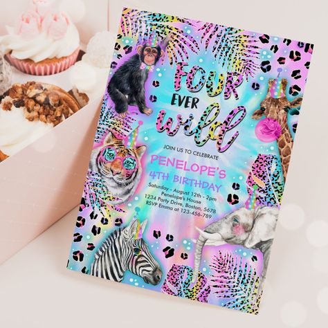 Cheetah Birthday Party, Four Ever Wild, Cheetah Birthday, Three Birthday, Leopard Print Party, Rainbow Birthday Invitations, Animals Safari, Neon Birthday, Wild Safari