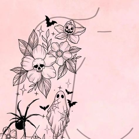 Spooky Flower Tattoo Designs, Pretty Spooky Tattoo, Skull Berry Tattoo, October 13 Tattoo, Feminine Goth Tattoos, Monster Flower Tattoo, Halloween Spooky Tattoos, Bat Floral Tattoo, Skull Planter Tattoo