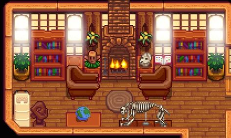 Stardew Valley Library Layout, Stardew Valley Library, Stardew Valley House Interior, Library Layout, Stardew Valley House, Stardew Valley Layout, House Interior Ideas, Valley Game, Cozy Games