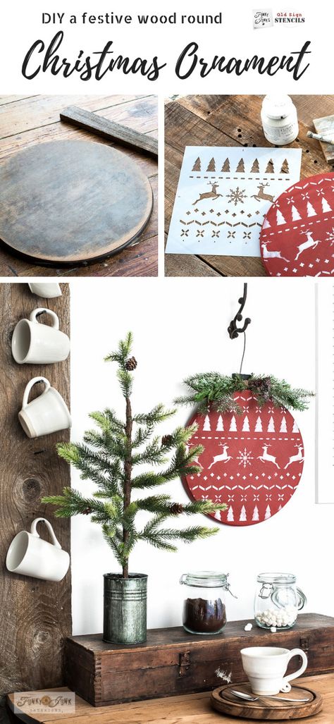 Learn how to create this festive and easy oversized Christmas ornament out of a wood round using a stencil! Perfect for custom Christmas decorating. Includes how to stencil and how to mix milk paint. Click to read full tutorial including a helpful how-to video! Diy Wood Round Ornament, Wood Round Ornaments, Christmas Sweater Ornament, Art Docent, Wood Christmas Decorations, Booth Inspiration, Ornament Party, Unfinished Wood Crafts, Funky Junk Interiors